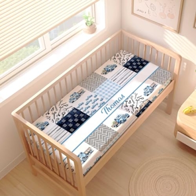 Personalized Baby Boy Crib Bedding Set, Custom Name Blue Truck Nursery, 2 Piece Plush Minky Set 32.5cm 8 Product: Personalized Baby Boy Crib Bedding Set – Custom Name Blue Truck 2 Piece Set with Minky Dot Blanket & Fitted Crib Sheet – Soft Nursery Bedding for Newborn, Infant, Toddler Boys