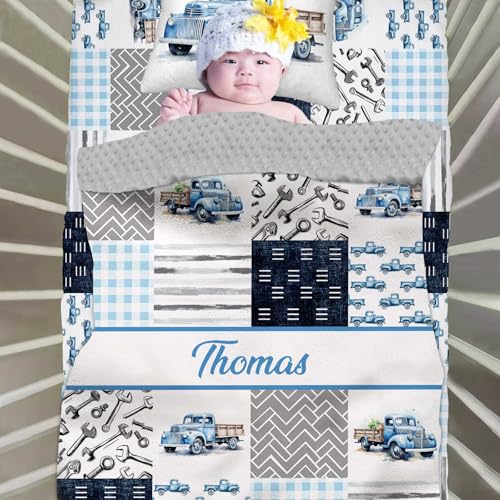 Personalized Baby Boy Crib Bedding Set, Custom Name Blue Truck Nursery, 2 Piece Plush Minky Set 32.5cm 1 Product: Personalized Baby Boy Crib Bedding Set – Custom Name Blue Truck 2 Piece Set with Minky Dot Blanket & Fitted Crib Sheet – Soft Nursery Bedding for Newborn, Infant, Toddler Boys