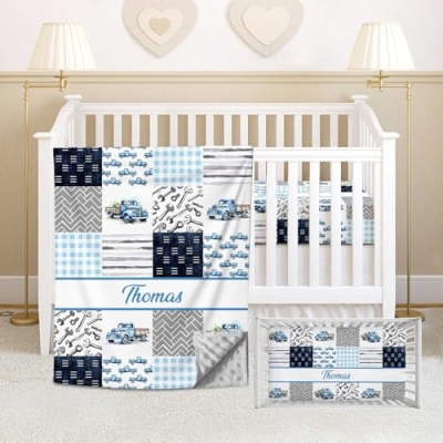 Product: Personalized Baby Boy Crib Bedding Set – Custom Name Blue Truck 2 Piece Set with Minky Dot Blanket & Fitted Crib Sheet – Soft Nursery Bedding for Newborn, Infant, Toddler Boys