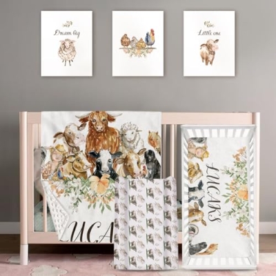 Product: Personalized Baby Crib Bedding Set – 4-Piece Animal Theme Custom Name Nursery Set with Double Layer Blanket, Fitted Sheet, Changing Pad Cover and Wall Art, Unique Crib Gift for Newborn Boys Girls