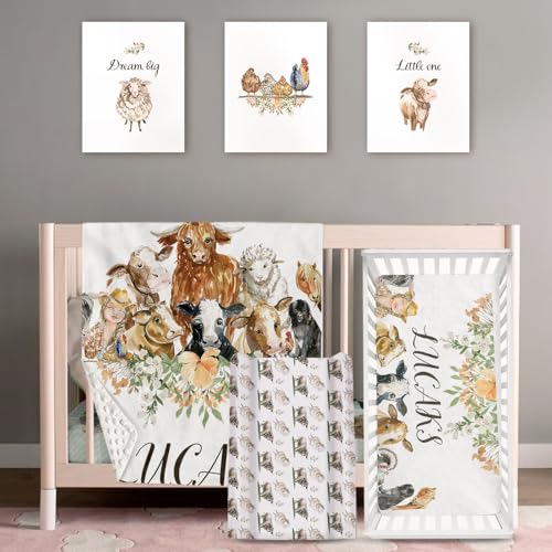 Personalized Baby Crib Bedding Set – 4-Piece Animal Theme Custom Name Nursery Set with Double Layer Blanket, Fitted Sheet, Changing Pad Cover and Wall Art, Unique Crib Gift for Newborn Boys Girls - Crib Bedding Sets Product: Personalized Baby Crib Bedding Set – 4-Piece Animal Theme Custom Name Nursery Set with Double Layer Blanket, Fitted Sheet, Changing Pad Cover and Wall Art, Unique Crib Gift for Newborn Boys Girls