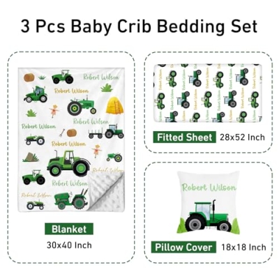 Personalized Tractor Baby Crib Bedding Set, Custom Nursery Bed 3 Piece, Blanket Fitted Sheet Pillowcase, Boys Girls, 30 x 40in 8 Product: Personalized Baby Crib Bedding Set, Car Design Nursery Bed 3 Pcs Set, Blanket, Fitted Sheet, Pillowcase for Girls Boys, Custom Infant Newborn Nursery Bedding Gifts with Name
