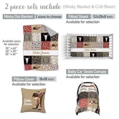 Personalized Western Cowboy Baby Bedding Set, Custom Name Minky Dot Blanket Fitted Crib Sheet, 2 Piece 0cm 12 Product: Personalized Western Cowboy Baby Bedding Set – Custom Name 2 Piece Set with Minky Dot Blanket & Fitted Crib Sheet – Soft Nursery Bedding for Newborns, Infants, Toddlers, Baby Boys
