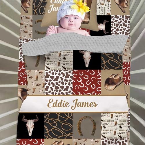 Personalized Western Cowboy Baby Bedding Set, Custom Name Minky Dot Blanket Fitted Crib Sheet, 2 Piece 0cm 1 Product: Personalized Western Cowboy Baby Bedding Set – Custom Name 2 Piece Set with Minky Dot Blanket & Fitted Crib Sheet – Soft Nursery Bedding for Newborns, Infants, Toddlers, Baby Boys