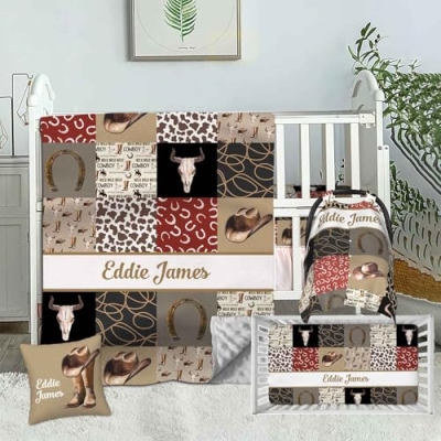 Product: Personalized Western Cowboy Baby Bedding Set – Custom Name 2 Piece Set with Minky Dot Blanket & Fitted Crib Sheet – Soft Nursery Bedding for Newborns, Infants, Toddlers, Baby Boys