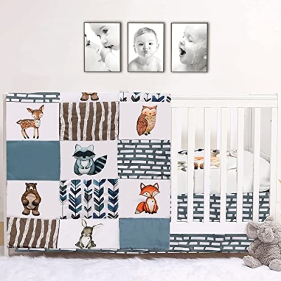 Product: PINNKKU 3-Piece Crib Bedding Set for Boys, Includes Crib Skirt, Blanket, Sheet, Woodland Animals, Standard Size