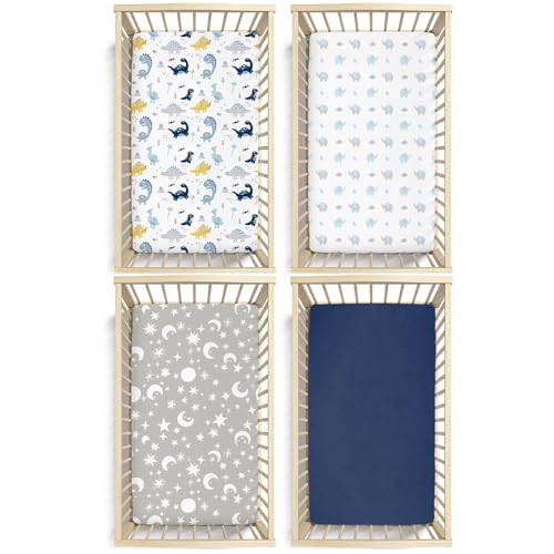 Baby Boy Crib Sheets 4 Pack, Ultra Soft Microfiber, Dinosaur Elephant Stars Navy Blue, 28x52in 5 Product: Plushii Crib Sheets for Baby Boys 4 Pack, 28"x 52" Extra Soft Microfiber Crib Sheet Set for Standard Crib & Toddler Mattress Pad, Dinosaur & Elephant & Stars & Navy Blue