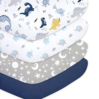 Product: Plushii Crib Sheets for Baby Boys 4 Pack, 28"x 52" Extra Soft Microfiber Crib Sheet Set for Standard Crib & Toddler Mattress Pad, Dinosaur & Elephant & Stars & Navy Blue