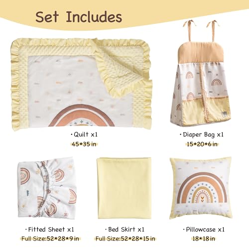 Beige Rainbow Nursery Crib Bedding Set, 5 Piece Boho Quilt Sheet Skirt Accessories, 45x35in 5 Product: ROBUD 5-Piece Crib Bedding Set for Boy Girls, Nursery Bedding Standard Size with Boho Quilt, Crib Sheet, Crib Skirt, Pillowcase and Diaper Bag (Beige Rainbow)