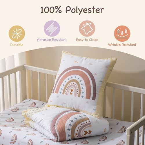 Beige Rainbow Nursery Crib Bedding Set, 5 Piece Boho Quilt Sheet Skirt Accessories, 45x35in 3 Product: ROBUD 5-Piece Crib Bedding Set for Boy Girls, Nursery Bedding Standard Size with Boho Quilt, Crib Sheet, Crib Skirt, Pillowcase and Diaper Bag (Beige Rainbow)