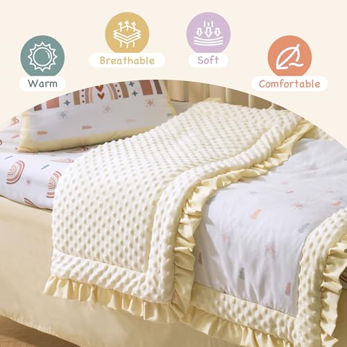 Beige Rainbow Nursery Crib Bedding Set, 5 Piece Boho Quilt Sheet Skirt Accessories, 45x35in 1 Product: ROBUD 5-Piece Crib Bedding Set for Boy Girls, Nursery Bedding Standard Size with Boho Quilt, Crib Sheet, Crib Skirt, Pillowcase and Diaper Bag (Beige Rainbow)