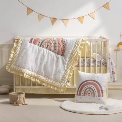 Beige Rainbow Nursery Crib Bedding Set, 5 Piece Boho Quilt Sheet Skirt Accessories, 45x35in 13 Product: ROBUD 5-Piece Crib Bedding Set for Boy Girls, Nursery Bedding Standard Size with Boho Quilt, Crib Sheet, Crib Skirt, Pillowcase and Diaper Bag (Beige Rainbow)