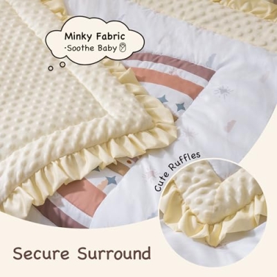 Beige Rainbow Nursery Crib Bedding Set, 5 Piece Boho Quilt Sheet Skirt Accessories, 45x35in 9 Product: ROBUD 5-Piece Crib Bedding Set for Boy Girls, Nursery Bedding Standard Size with Boho Quilt, Crib Sheet, Crib Skirt, Pillowcase and Diaper Bag (Beige Rainbow)