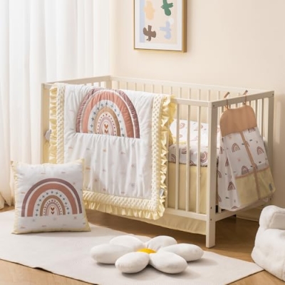 Product: ROBUD 5-Piece Crib Bedding Set for Boy Girls, Nursery Bedding Standard Size with Boho Quilt, Crib Sheet, Crib Skirt, Pillowcase and Diaper Bag (Beige Rainbow)