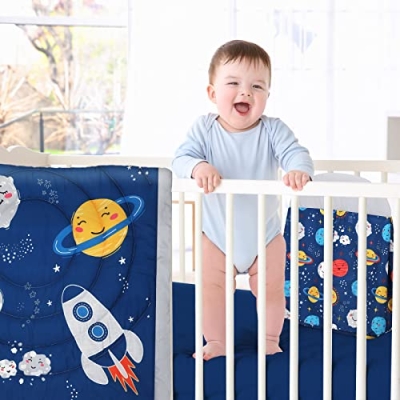 Space Themed 4 Piece Crib Bedding Set, Soft Nursery Quilt Sheet Skirt Diaper Stacker, Peach Pink Boho, 45x36in 12 Product: Rtteri 4 Pieces Baby Crib Bedding Set, Nursery Bedding Standard Size Soft Baby Bedding Set Including Crib Skirt, Blanket, Sheet and Diaper Stacker for Girls and Boys(Space)
