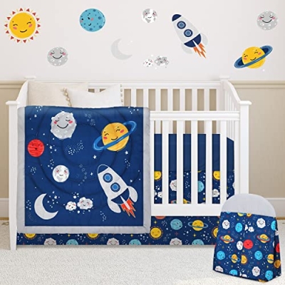 Space Themed 4 Piece Crib Bedding Set, Soft Nursery Quilt Sheet Skirt Diaper Stacker, Peach Pink Boho, 45x36in 13 Product: Rtteri 4 Pieces Baby Crib Bedding Set, Nursery Bedding Standard Size Soft Baby Bedding Set Including Crib Skirt, Blanket, Sheet and Diaper Stacker for Girls and Boys(Space)