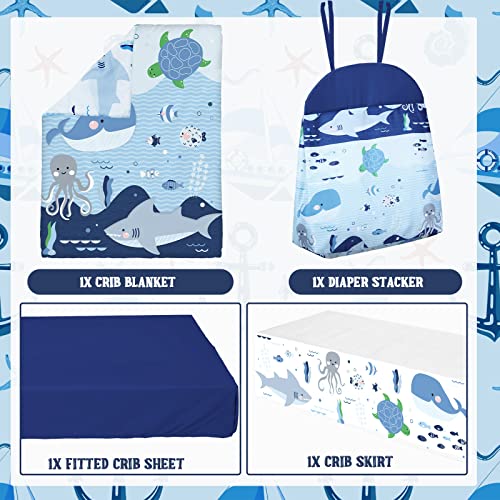 Product: Rtteri 4 Pieces Baby Crib Bedding Set, Nursery Bedding Standard Size Soft Baby Bedding Set Including Crib Skirt, Blanket, Sheet and Diaper Stacker for Girls and Boys(Whale)