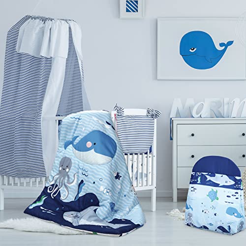 Product: Rtteri 4 Pieces Baby Crib Bedding Set, Nursery Bedding Standard Size Soft Baby Bedding Set Including Crib Skirt, Blanket, Sheet and Diaper Stacker for Girls and Boys(Whale)