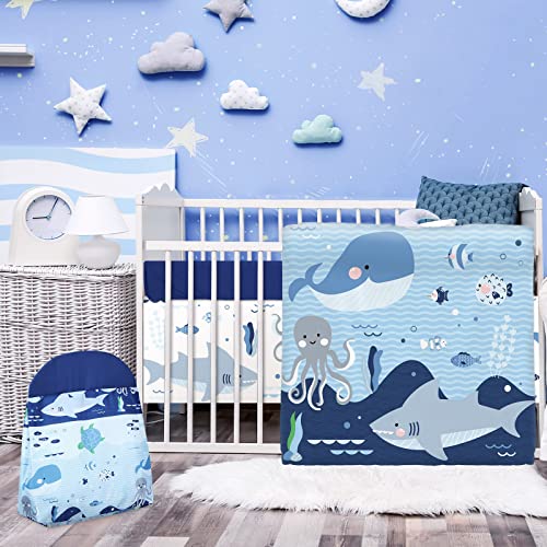 Product: Rtteri 4 Pieces Baby Crib Bedding Set, Nursery Bedding Standard Size Soft Baby Bedding Set Including Crib Skirt, Blanket, Sheet and Diaper Stacker for Girls and Boys(Whale)