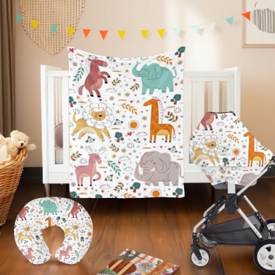 Product: Rucekia Baby Crib Bedding Set Neutral 3 Pieces: Animals Crib Bedding Set for Boys & Girls - Gift Set Including Blanket, Nursing Pillowcase & Car Seat Cover