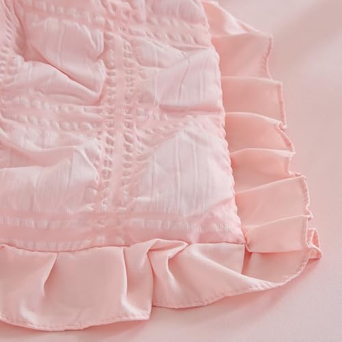 Product: Ruffled Crib Bedding Set Baby Boho Quilted Comforter with Fitted Sheet and Bed Skirt - Cute Soft Breathable Seersucker Ruffled Shabby Chic Bedding Soft Blanket Design - Pink