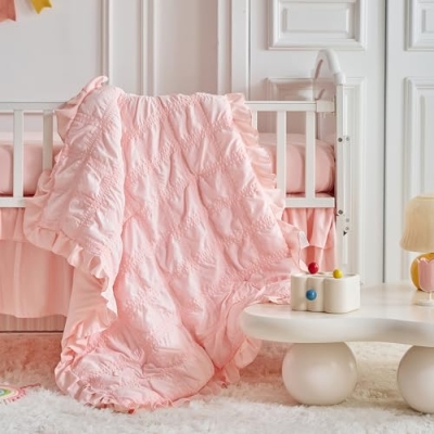 Product: Ruffled Crib Bedding Set Baby Boho Quilted Comforter with Fitted Sheet and Bed Skirt - Cute Soft Breathable Seersucker Ruffled Shabby Chic Bedding Soft Blanket Design - Pink