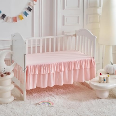 Product: Ruffled Crib Bedding Set Baby Boho Quilted Comforter with Fitted Sheet and Bed Skirt - Cute Soft Breathable Seersucker Ruffled Shabby Chic Bedding Soft Blanket Design - Pink