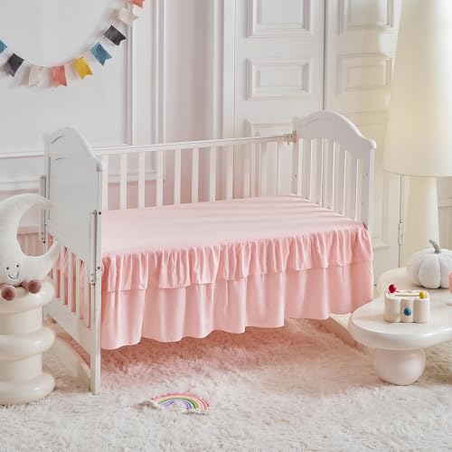 Product: Ruffled Crib Bedding Set Baby Boho Quilted Comforter with Fitted Sheet and Bed Skirt - Cute Soft Breathable Seersucker Ruffled Shabby Chic Bedding Soft Blanket Design - Pink