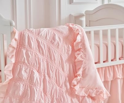 Product: Ruffled Crib Bedding Set Baby Boho Quilted Comforter with Fitted Sheet and Bed Skirt - Cute Soft Breathable Seersucker Ruffled Shabby Chic Bedding Soft Blanket Design - Pink