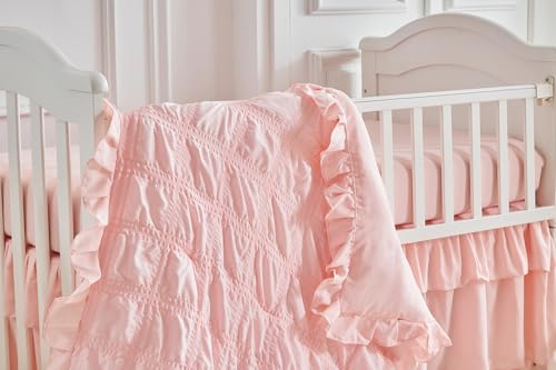 Product: Ruffled Crib Bedding Set Baby Boho Quilted Comforter with Fitted Sheet and Bed Skirt - Cute Soft Breathable Seersucker Ruffled Shabby Chic Bedding Soft Blanket Design - Pink
