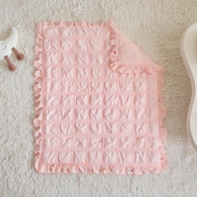 Product: Ruffled Crib Bedding Set Baby Boho Quilted Comforter with Fitted Sheet and Bed Skirt - Cute Soft Breathable Seersucker Ruffled Shabby Chic Bedding Soft Blanket Design - Pink