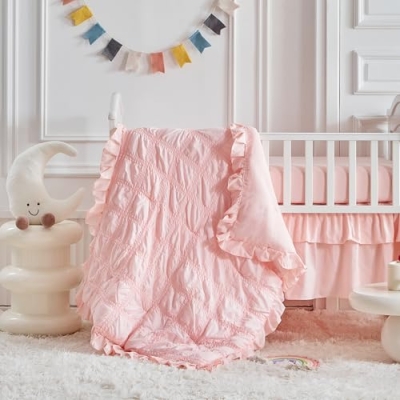 Product: Ruffled Crib Bedding Set Baby Boho Quilted Comforter with Fitted Sheet and Bed Skirt - Cute Soft Breathable Seersucker Ruffled Shabby Chic Bedding Soft Blanket Design - Pink