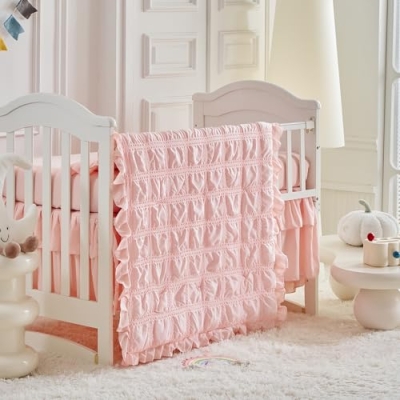 Product: Ruffled Crib Bedding Set Baby Boho Quilted Comforter with Fitted Sheet and Bed Skirt - Cute Soft Breathable Seersucker Ruffled Shabby Chic Bedding Soft Blanket Design - Pink