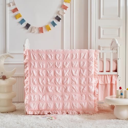 Product: Ruffled Crib Bedding Set Baby Boho Quilted Comforter with Fitted Sheet and Bed Skirt - Cute Soft Breathable Seersucker Ruffled Shabby Chic Bedding Soft Blanket Design - Pink