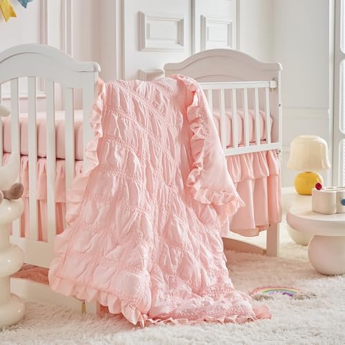 Product: Ruffled Crib Bedding Set Baby Boho Quilted Comforter with Fitted Sheet and Bed Skirt - Cute Soft Breathable Seersucker Ruffled Shabby Chic Bedding Soft Blanket Design - Pink