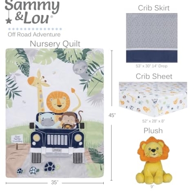 Baby Boy Crib Bedding Set, Sammy & Lou Off Road Adventure Quilt Fitted Sheet Crib Skirt Plush Toy, 9in 10 Product: Sammy & Lou Off Road Adventure 4-Piece Baby Nursery Crib Bedding Set for Boys, Includes Quilt, Fitted Crib Sheet, Crib Skirt, and Plush Toy