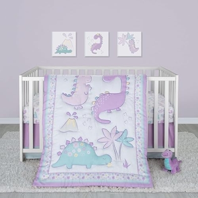 Product: Sammy & Lou Tiny Dinos 4-Piece Baby Nursery Crib Bedding Set for Girls, Includes Quilt, Fitted Crib Sheet, Crib Skirt, and Plush Toy