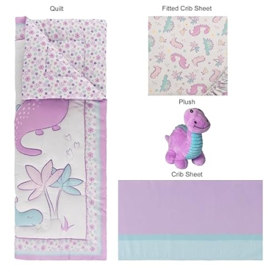 Baby Girl Crib Bedding Set, Sammy & Lou Tiny Dinos 4 Piece Nursery Set, Reversible Quilt, Plush Toy, 28 x 52 in 14 Product: Sammy & Lou Tiny Dinos 4-Piece Baby Nursery Crib Bedding Set for Girls, Includes Quilt, Fitted Crib Sheet, Crib Skirt, and Plush Toy