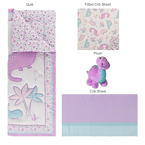 Baby Girl Crib Bedding Set, Sammy & Lou Tiny Dinos 4 Piece Nursery Set, Reversible Quilt, Plush Toy, 28 x 52 in 3 Product: Sammy & Lou Tiny Dinos 4-Piece Baby Nursery Crib Bedding Set for Girls, Includes Quilt, Fitted Crib Sheet, Crib Skirt, and Plush Toy