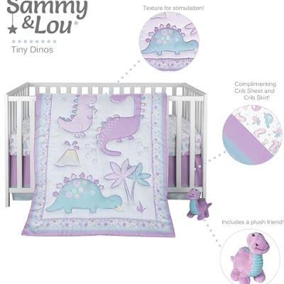 Baby Girl Crib Bedding Set, Sammy & Lou Tiny Dinos 4 Piece Nursery Set, Reversible Quilt, Plush Toy, 28 x 52 in 12 Product: Sammy & Lou Tiny Dinos 4-Piece Baby Nursery Crib Bedding Set for Girls, Includes Quilt, Fitted Crib Sheet, Crib Skirt, and Plush Toy