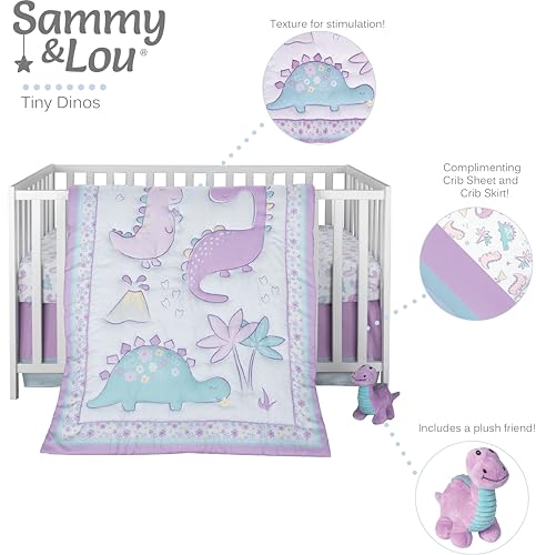 Baby Girl Crib Bedding Set, Sammy & Lou Tiny Dinos 4 Piece Nursery Set, Reversible Quilt, Plush Toy, 28 x 52 in 1 Product: Sammy & Lou Tiny Dinos 4-Piece Baby Nursery Crib Bedding Set for Girls, Includes Quilt, Fitted Crib Sheet, Crib Skirt, and Plush Toy