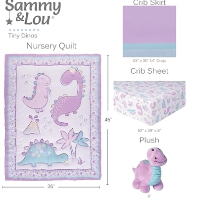 Baby Girl Crib Bedding Set, Sammy & Lou Tiny Dinos 4 Piece Nursery Set, Reversible Quilt, Plush Toy, 28 x 52 in 13 Product: Sammy & Lou Tiny Dinos 4-Piece Baby Nursery Crib Bedding Set for Girls, Includes Quilt, Fitted Crib Sheet, Crib Skirt, and Plush Toy