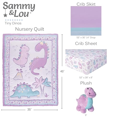 Baby Girl Crib Bedding Set, Sammy & Lou Tiny Dinos 4 Piece Nursery Set, Reversible Quilt, Plush Toy, 28 x 52 in 2 Product: Sammy & Lou Tiny Dinos 4-Piece Baby Nursery Crib Bedding Set for Girls, Includes Quilt, Fitted Crib Sheet, Crib Skirt, and Plush Toy