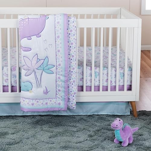 Baby Girl Crib Bedding Set, Sammy & Lou Tiny Dinos 4 Piece Nursery Set, Reversible Quilt, Plush Toy, 28 x 52 in 10 Product: Sammy & Lou Tiny Dinos 4-Piece Baby Nursery Crib Bedding Set for Girls, Includes Quilt, Fitted Crib Sheet, Crib Skirt, and Plush Toy