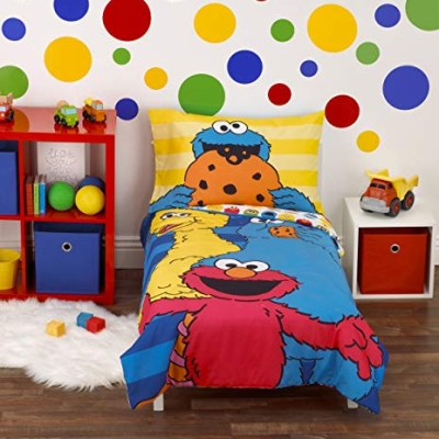 Sesame Street Toddler Bed Set, 4 Piece Best Friends Bedding, Elmo Cookie Monster Big Bird, Blue Red Yellow Green, 28x52in 15 Product: Sesame Street Best Friends Blue, Red, Yellow 4Piece Toddler Bed Set - Comforter, Fitted Bottom Sheet, Flat Top Sheet, Reversible Pillowcase, Blue, Red, Yellow, Green