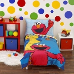 Product: Sesame Street Best Friends Blue, Red, Yellow 4Piece Toddler Bed Set - Comforter, Fitted Bottom Sheet, Flat Top Sheet, Reversible Pillowcase, Blue, Red, Yellow, Green
