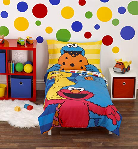 Sesame Street Toddler Bed Set, 4 Piece Best Friends Bedding, Elmo Cookie Monster Big Bird, Blue Red Yellow Green, 28x52in 7 Product: Sesame Street Best Friends Blue, Red, Yellow 4Piece Toddler Bed Set - Comforter, Fitted Bottom Sheet, Flat Top Sheet, Reversible Pillowcase, Blue, Red, Yellow, Green