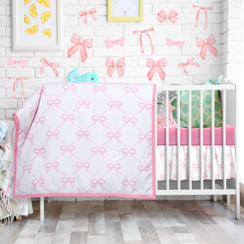 Pink Bow Crib Bedding Set for Girls, 5 Piece Nursery Decor, Comforter Sheet Skirt Diaper Pad Cover Bow Wall Decals, 42x32in 4 Product: SmoothNovelty 5 Pcs Pink Bow Theme Crib Bedding Set Include Bow Knot Print Crib Sheets Bed Skirt Comforter Pad Cover Wall Stickers for Girls Princess Nursery Room Decoration