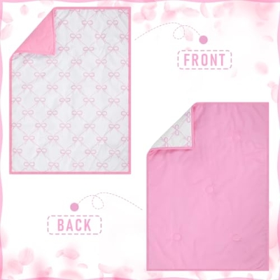 Pink Bow Crib Bedding Set for Girls, 5 Piece Nursery Decor, Comforter Sheet Skirt Diaper Pad Cover Bow Wall Decals, 42x32in 8 Product: SmoothNovelty 5 Pcs Pink Bow Theme Crib Bedding Set Include Bow Knot Print Crib Sheets Bed Skirt Comforter Pad Cover Wall Stickers for Girls Princess Nursery Room Decoration