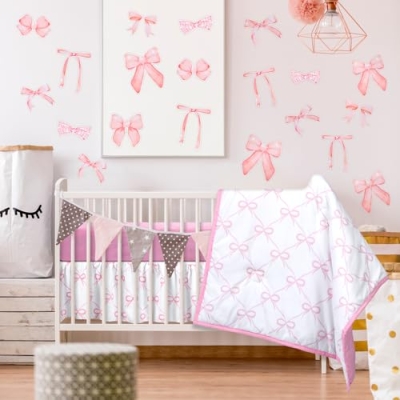 Pink Bow Crib Bedding Set for Girls, 5 Piece Nursery Decor, Comforter Sheet Skirt Diaper Pad Cover Bow Wall Decals, 42x32in 9 Product: SmoothNovelty 5 Pcs Pink Bow Theme Crib Bedding Set Include Bow Knot Print Crib Sheets Bed Skirt Comforter Pad Cover Wall Stickers for Girls Princess Nursery Room Decoration